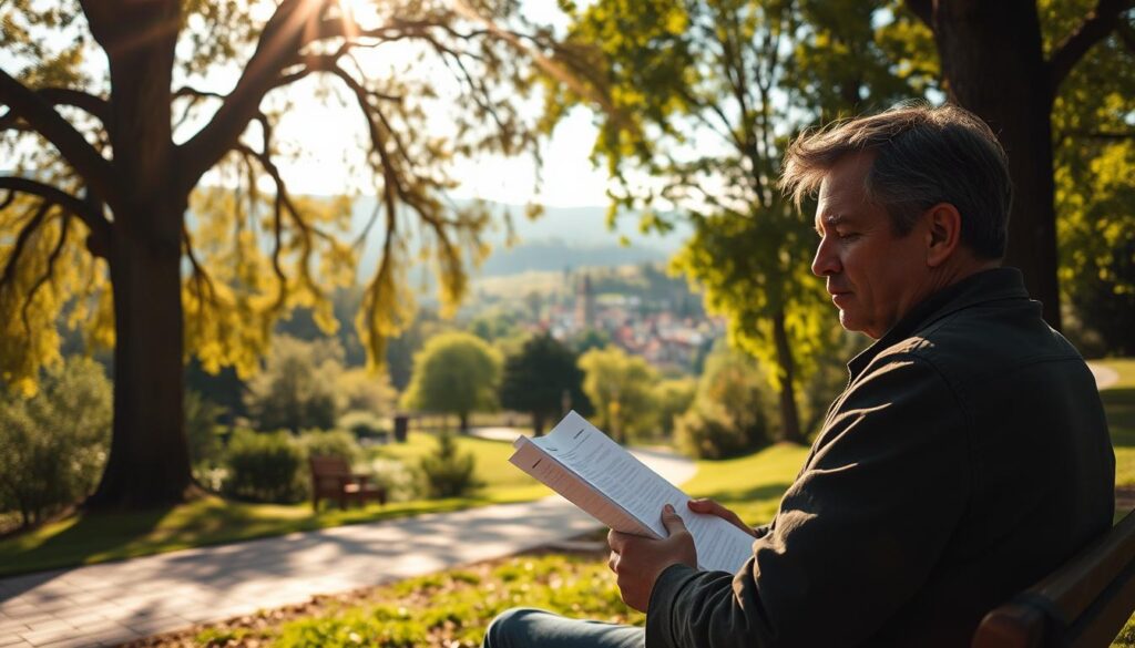 A serene, sun-dappled scene of a traveler contemplating their travel insurance options. In the foreground, a person sits on a park bench, brow furrowed as they review documents. Behind them, a lush, verdant landscape with towering trees and a meandering path. Warm, golden sunlight filters through the leaves, casting a gentle glow. In the distance, a quaint town nestled among rolling hills, hinting at the adventures that lie ahead. The mood is one of thoughtful consideration, weighing the pros and cons of travel insurance before embarking on the journey. Captured with a shallow depth of field, the focus drawn to the traveler's pensive expression.