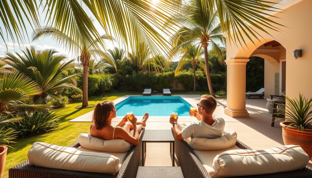 A serene, sun-drenched courtyard in a picturesque Canarian villa. A couple relaxes on plush outdoor furniture, sipping drinks and gazing out at the lush, verdant gardens. Soft, warm lighting filters through swaying palm fronds, casting a golden glow. In the distance, a sparkling blue pool reflects the cloudless sky. The couple is dressed in light, breezy attire, conveying a sense of laid-back luxury and tranquility. The scene exudes a sense of escapism and romance, perfectly capturing the essence of an idyllic UK couples' retreat in the Canary Islands.