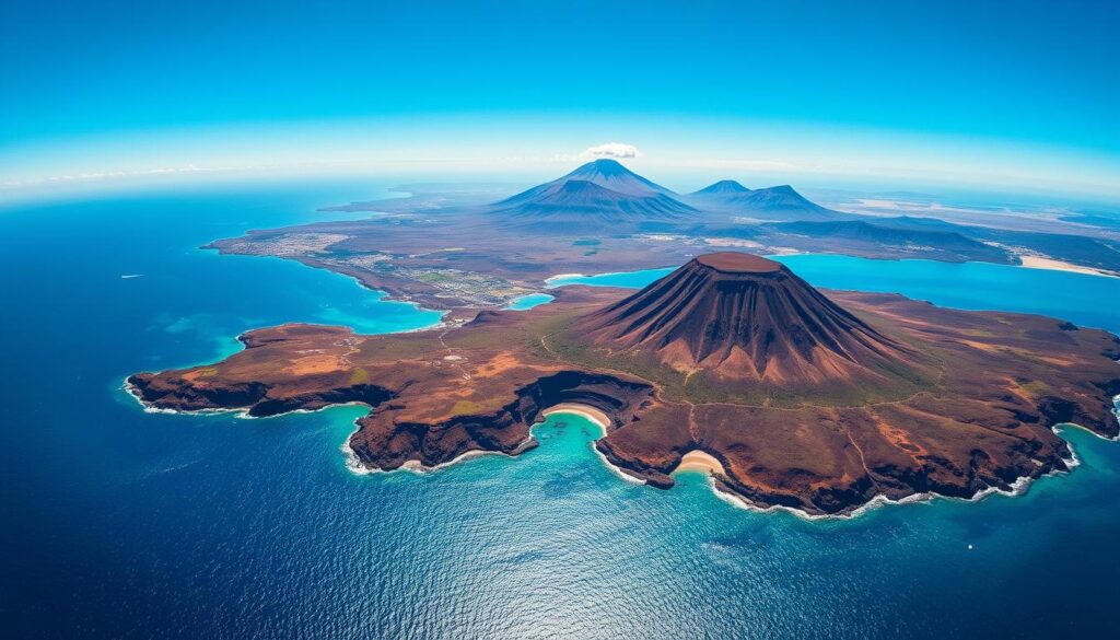 A stunning aerial view of the Canary Islands archipelago, captured with a wide-angle lens against a vibrant azure sky. The rugged, volcanic islands stretch out across the shimmering turquoise waters of the Atlantic Ocean, their lush, verdant landscapes dotted with picturesque seaside towns and dramatic cliffs. In the foreground, the largest island, Tenerife, rises majestically, its iconic Mount Teide volcano towering above the surrounding terrain. Further in the distance, the smaller sister islands of Gran Canaria, Fuerteventura, and Lanzarote emerge, each with their own unique geological formations and natural wonders. The scene is bathed in warm, golden sunlight, evoking the perpetual summer climate that makes the Canary Islands a dream getaway for visitors from the UK and beyond.