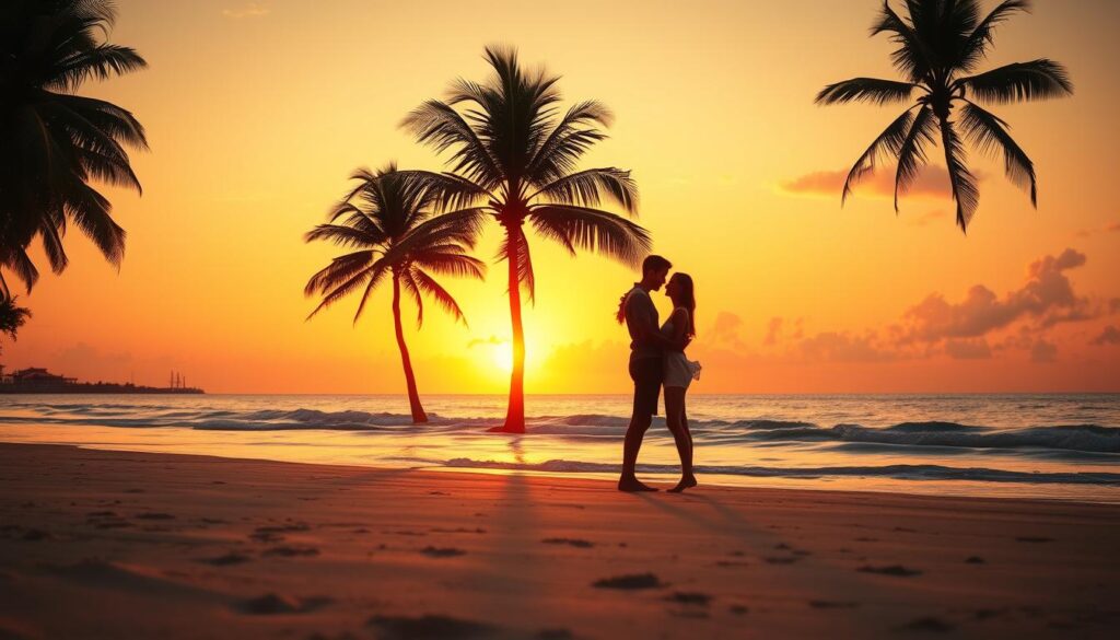 A stunning, cinematic view of the perfect romantic beach getaway for couples. In the foreground, a softly illuminated sandy beach with gently lapping waves caressing the shore. In the middle ground, a pair of silhouetted figures embracing, framed by towering, sun-dappled palm trees swaying in a light breeze. The background showcases a breathtaking sunset, with vibrant hues of orange, pink, and purple painting the sky and reflecting in the calm, mirror-like ocean. The entire scene exudes a sense of tranquility, intimacy, and pure, serene bliss - the ultimate couples' paradise.