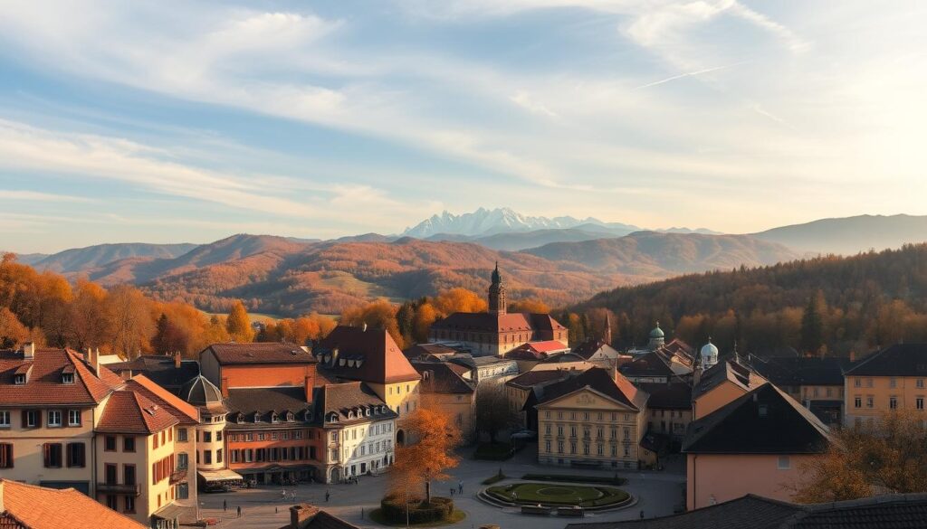 A stunning panoramic view of iconic November travel destinations, captured with a wide-angle lens. In the foreground, a quaint European town with cobblestone streets, colorful buildings, and a charming town square. In the middle ground, rolling hills blanketed in vibrant autumn foliage, with a picturesque mountain range looming in the distance. The sky is a soft, hazy blue, with wispy clouds casting gentle shadows across the landscape. The lighting is warm and golden, creating a cozy, romantic atmosphere. The overall scene evokes a sense of adventure, exploration, and the beauty of the natural world during the transitional month of November.