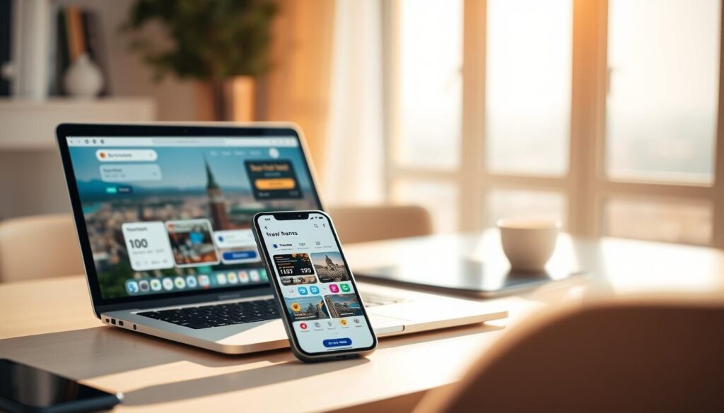 A stylish, minimalist workspace with a laptop, smartphone, and travel planning apps displayed on their screens. The scene is bathed in warm, natural lighting, creating a cozy, inviting atmosphere. In the background, a blurred cityscape or serene landscape hints at the couple's dream destination. The apps feature intuitive interfaces, vibrant colors, and icons that suggest features like flight booking, hotel reservations, and itinerary planning. The overall composition conveys a sense of organization, efficiency, and excitement for the upcoming journey.