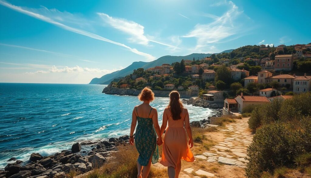 A sun-drenched landscape in Croatia, where a couple strolls hand-in-hand along a picturesque coastal path. In the foreground, the pair admire the shimmering Adriatic Sea, its azure waters lapping gently against the rocky shore. Lush, verdant hills rise in the middle distance, dotted with charming stone houses and ancient olive groves. Warm, golden light filters through wispy clouds, casting a romantic glow over the scene. In the background, the iconic red-roofed buildings of a historic coastal town come into view, inviting the couple to explore its winding streets and hidden treasures. An atmosphere of tranquility and adventure pervades the image, perfectly capturing the magic of Croatia for couples.