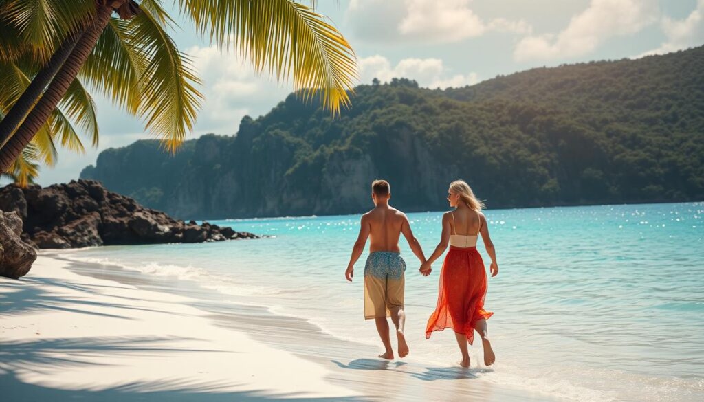 A sun-kissed couple strolling hand-in-hand along a pristine, white sand beach, their toes dipped in the azure waves of a tropical paradise. Swaying palm trees cast dappled shadows over the scene, as a warm, golden light bathes the couple in a romantic glow. In the distance, rugged cliffs and lush, verdant foliage frame the tranquil, azure ocean, creating a breathtaking backdrop for this idyllic couples' retreat. The atmosphere is serene and intimate, evoking a sense of escapism and pure bliss.