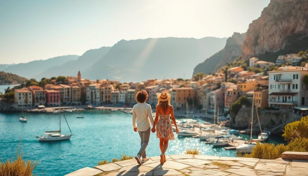 A tranquil seaside town nestled along the rugged cliffs of Sardinia, its pastel-hued buildings and lush, verdant landscapes creating a picturesque scene. In the foreground, a couple strolls hand-in-hand, taking in the breathtaking views of the crystal-clear turquoise waters and the distant mountains. The warm, golden sunlight bathes the scene, casting a romantic glow and highlighting the island's natural beauty. In the background, boats gently sway in the harbor, complementing the peaceful, serene atmosphere. The overall mood is one of enchantment, inviting the viewer to imagine themselves as part of this idyllic couples' destination.