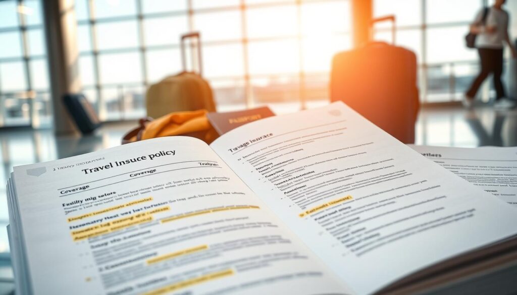 A well-designed travel insurance policy, with a clear overview of coverage details. Foreground shows an open policy document with highlighted sections, while the middle ground features a traveler's luggage, passport, and other essential items. The background depicts a serene airport terminal scene, with natural lighting casting a warm glow. The overall composition conveys a sense of preparedness, security, and the confidence that comes with understanding the fundamentals of travel insurance.