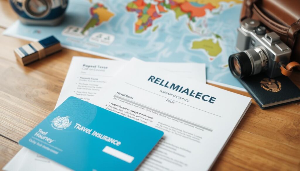 A well-lit, high-resolution image of a traveler's travel insurance policy documents, including a travel insurance card, a summary of coverage, and a policy booklet. The documents are arranged neatly on a wooden desk or table, with a world map or travel-related items such as a passport, suitcase, or camera in the background, creating a sense of organization and preparedness. The image should convey a feeling of security, protection, and confidence in the traveler's preparation for their journey.