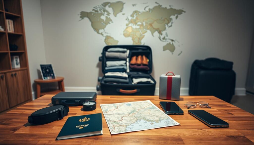 A well-lit room with a large wooden desk in the foreground, various travel essentials neatly arranged on its surface - a passport, a map, a compass, a first-aid kit, and a smartphone. In the middle ground, a suitcase stands open, revealing meticulously folded clothes and accessories. The background features a world map on the wall, casting a subtle glow over the scene. The overall atmosphere is one of preparedness and organization, conveying a sense of confidence and security before an impending journey.
