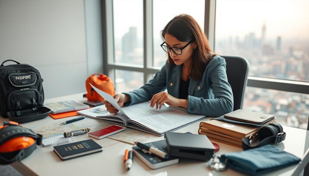 A well-lit scene of a person diligently planning a trip, surrounded by a neatly organized array of travel essentials: passport, itinerary, map, guidebook, and safety gear. The subject is seated at a clean, modern desk, thoughtfully studying a detailed checklist, conveying a sense of preparedness and focus. The background features a softly blurred city skyline, hinting at the distant destination. Crisp, high-resolution, professional-quality photograph, taken with a wide-angle lens to capture the full breadth of the scene.