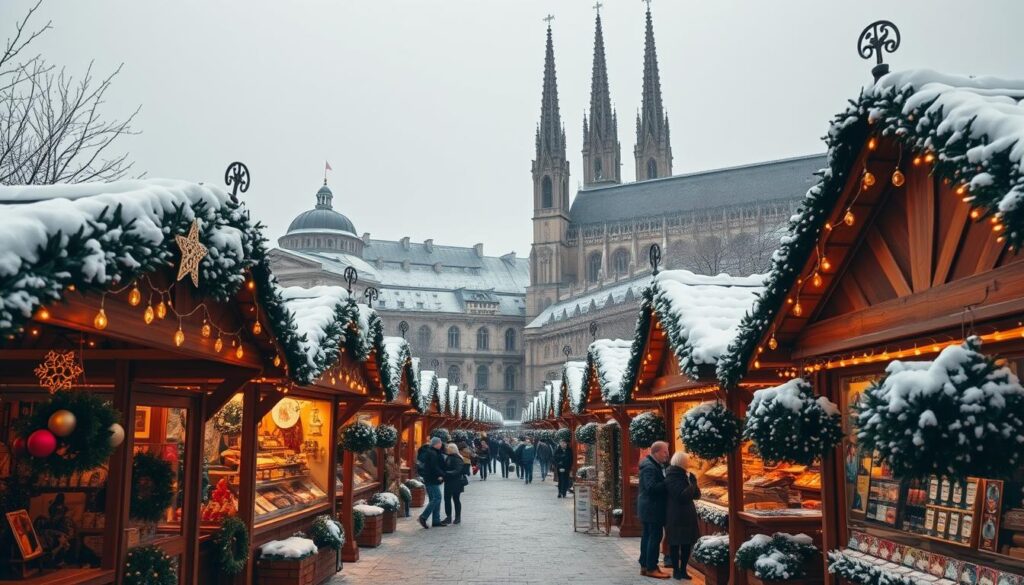A winter wonderland in the heart of Vienna: Vienna Christmas Markets. In the foreground, charming wooden stalls adorned with twinkling lights and delicate ornaments, offering a myriad of traditional crafts, hot mulled wine, and freshly baked gingerbread. The middle ground showcases the grand, historic architecture of Vienna, with the iconic Stephansdom cathedral as the centerpiece, its spires reaching towards the heavens. In the background, a dusting of snow covers the city, creating a serene and enchanting atmosphere. Soft, warm lighting casts a golden glow over the scene, inviting visitors to immerse themselves in the timeless charm of the Viennese Christmas experience.