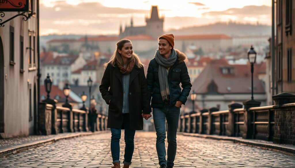 An enchanting scene in the heart of Prague's old town, with the iconic Charles Bridge and the grand silhouette of Prague Castle in the distance. In the foreground, a young couple strolls hand-in-hand along the cobblestone streets, their faces aglow with the soft, warm light of a setting sun. The historic architecture and medieval charm create a timeless, romantic atmosphere, transporting the viewer to a fairytale world. The scene is captured with a wide-angle lens, showcasing the grandeur of the city's landscape while keeping the couple as the focal point. The overall mood is one of tranquility, wonder, and the magic of shared experiences in this enchanting European destination.