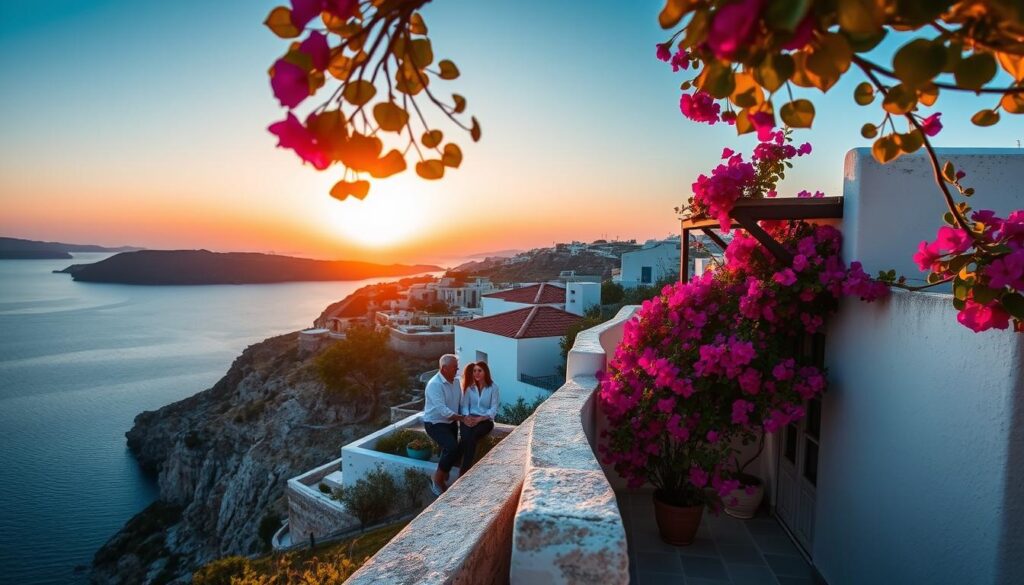 An intimate Greek hotel nestled amidst the rugged cliffs, overlooking the azure Aegean Sea. The foreground features a cozy balcony with weathered stone walls, draped in bougainvillea blooms. A couple sits close together, gazing out at the horizon as the evening sun casts a warm, golden glow. The middle ground showcases the hotel's whitewashed facade, accented with terracotta tiled roofs and wrought-iron details. In the background, rolling hills dotted with olive groves and the silhouettes of distant islands complete the picturesque, romantic scene.