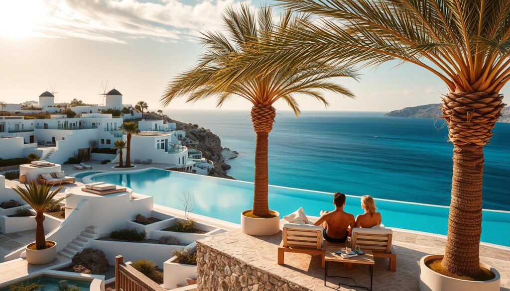 Luxury resorts nestled along the picturesque coastline of Mykonos, Greece. Pristine white villas with sleek, modern architecture cascading down the sun-drenched hillsides, their infinity pools reflecting the azure Aegean Sea. Palm trees sway gently in the warm breeze, casting dappled shadows on the stone terraces where stylish couples lounge on plush daybeds. In the distance, the iconic windmills of Mykonos stand as sentinels overlooking this serene and sophisticated island escape. Warm, golden light filters through wispy clouds, creating a dreamy, romantic atmosphere perfect for a couples' getaway.