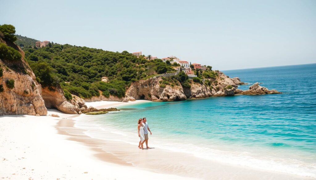 Pristine, white-sand beaches along the rugged coastline of Sardinia, Italy. In the foreground, a romantic couple strolling hand-in-hand, the azure waters of the Mediterranean lapping at their feet. The middle ground features lush, verdant cliffs overlooking the tranquil cove, their shadows casting a warm, golden glow. In the background, picturesque seaside villages dot the horizon, their colorful buildings and winding streets inviting exploration. The scene is bathed in soft, diffused sunlight, creating a serene, dreamy atmosphere perfect for a couples' getaway.