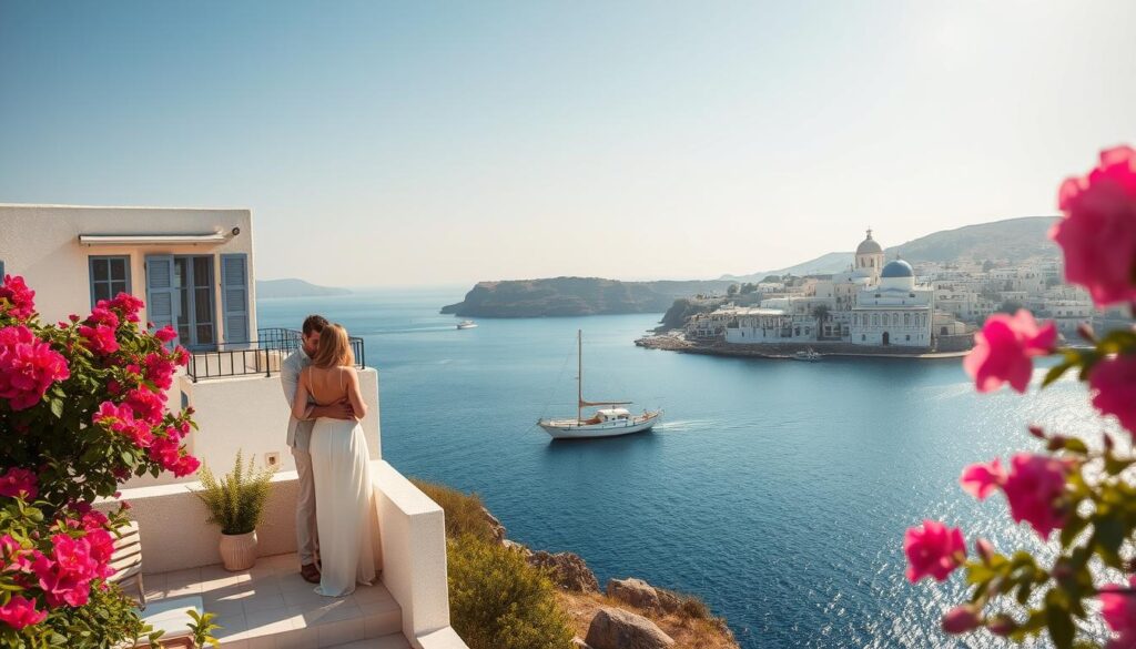 Prompt A sun-drenched villa perched atop a cliff, overlooking the tranquil Aegean Sea. The foreground features a couple embracing on a terrace, surrounded by lush bougainvillea. In the middle ground, a quaint fishing boat gently sways in the azure waters, while the background showcases the iconic white-washed buildings and domed churches of a picturesque Greek island. Warm, golden light bathes the scene, creating a romantic, dreamy atmosphere. A wide-angle lens captures the stunning panorama, inviting the viewer to imagine the sights, sounds, and scents of this idyllic Greek island getaway.