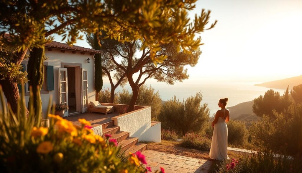 Romantic escapes Greece: A picturesque seaside villa nestled among lush olive groves, with a terrace overlooking the sparkling Aegean Sea. Warm, golden sunlight filters through cypress trees, casting a soft glow on the whitewashed walls and terracotta tiles. In the foreground, a couple embraces, lost in the moment, silhouetted against the breathtaking island panorama. Flowers in vibrant hues dot the landscape, adding pops of color to the serene, idyllic scene. The atmosphere is one of tranquility and timeless beauty, perfectly capturing the essence of a hidden romantic gem in Greece.