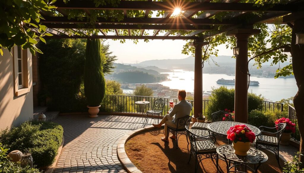 Romantic seaside villa nestled amidst lush, fragrant gardens overlooking the Douro River in Porto. Sunlight filters through the pergola, casting a warm glow on the terrace where a couple sits embracing, sipping wine and gazing out at the historic city skyline. Cobblestone paths wind through the grounds, leading to a secluded sitting area with ornate iron furniture and colorful blooms. In the distance, a vintage boat drifts along the tranquil waters. The scene evokes an atmosphere of timeless elegance and amorous tranquility.