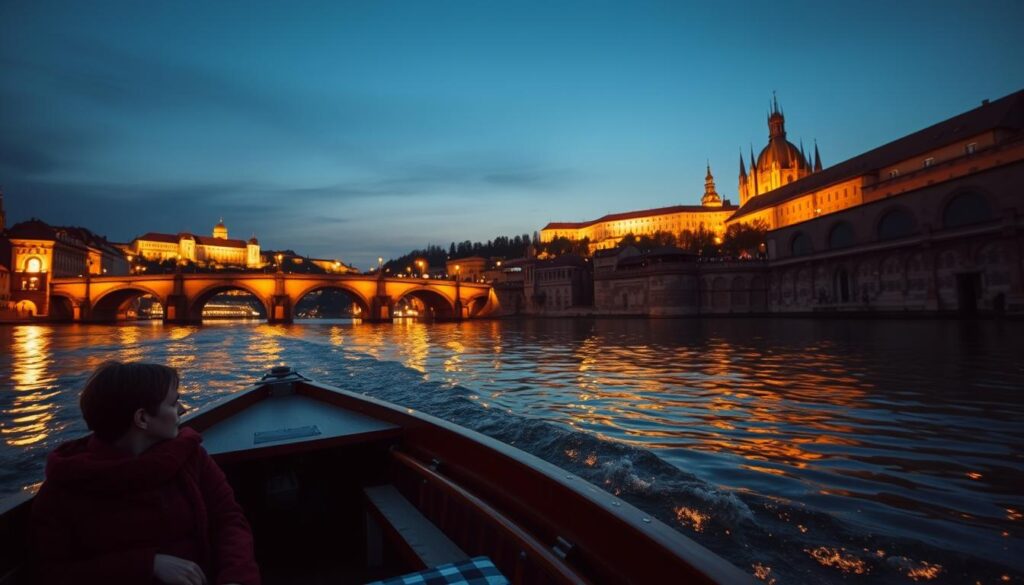 Vltava River at dusk, Prague, Czech Republic. A traditional wooden boat glides silently along the gently flowing waters, its passengers admiring the city's iconic landmarks bathed in warm, golden light. The boat's gentle rocking and the soft lapping of the waves create a soothing, romantic atmosphere. The historic Charles Bridge and the grand Prague Castle loom in the distance, their spires and towers reflected in the river's surface. Soft, ambient lighting illuminates the boat's interior, casting a cozy, intimate glow. A sense of timelessness and tranquility permeates the scene, inviting the viewer to imagine themselves on this enchanting, intimate river journey.