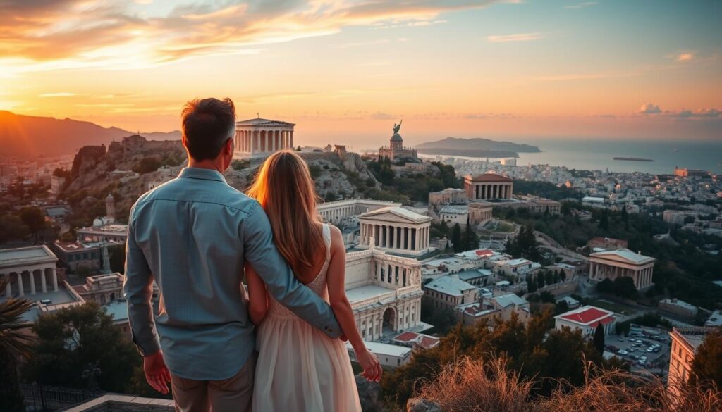 a dreamy, romantic cityscape of Athens, Greece, at golden hour. In the foreground, a couple holds hands and gazes out over the Acropolis, its ancient ruins bathed in warm, soft light. The middle ground features iconic landmarks like the Parthenon, Arch of Hadrian, and Temple of Poseidon, seamlessly blending the city's ancient and modern elements. The background showcases a picturesque sunset over the Aegean Sea, the sky ablaze with vibrant oranges and pinks. The scene radiates a sense of timeless beauty, history, and intimacy, capturing the essence of Athens as a romantic destination where the past and present converge.