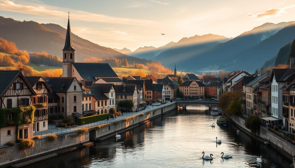 A breathtaking panoramic view of a picturesque European village nestled among rolling hills, with a charming town square and a grand cathedral spire piercing the skyline. Cobblestone streets wind through quaint buildings adorned with window boxes and trailing vines, bathed in the warm glow of golden hour sunlight. In the foreground, a peaceful river reflects the scene, its gentle current dotted with rowing boats and drifting swans. Towering mountains loom in the distance, their snow-capped peaks casting long shadows over the tranquil landscape. This idyllic, romantic setting evokes a sense of timeless beauty and enchantment, perfect for couples seeking a love-filled getaway.
