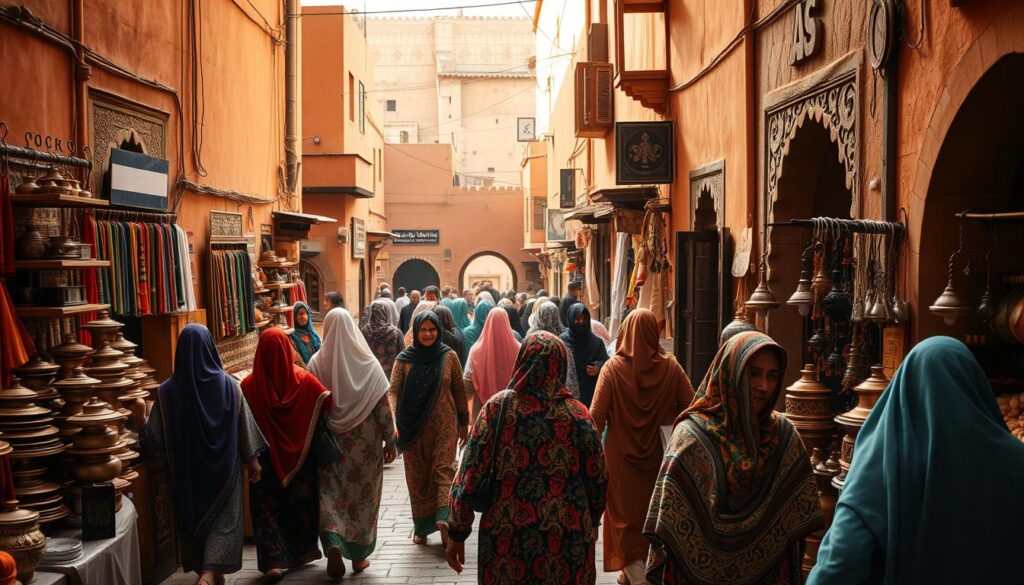 A bustling Moroccan medina, its narrow alleyways and bustling souks teeming with life. In the foreground, a group of locals navigate the winding paths, their colorful djellabas and flowing headscarves catching the warm sunlight. In the middle ground, merchants hawk their wares - vibrant textiles, aromatic spices, and intricate metalwork. The background is a tapestry of ochre-hued buildings, their ornate doorways and intricate tilework reflecting the rich cultural heritage of Marrakech. The scene is bathed in a soft, golden glow, creating an atmospheric and immersive experience for the viewer. Captured with a wide-angle lens, this image conveys the essence of navigating the vibrant and labyrinthine medina of Marrakech.