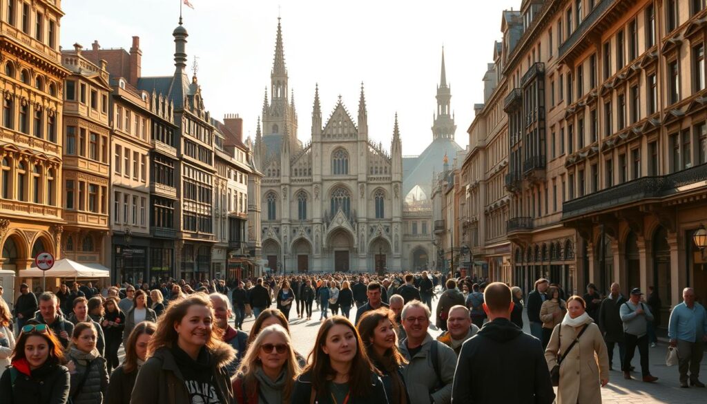 A bustling city square in the heart of a historic UK city, bathed in warm, golden afternoon light. In the foreground, a group of tourists pause to admire the ornate, centuries-old architecture that lines the square, their faces alight with curiosity and wonder. In the middle ground, a grand, imposing cathedral dominates the skyline, its spires and intricate carvings casting long shadows across the cobblestones. In the background, the hazy silhouettes of other iconic landmarks can be seen, hinting at the rich cultural tapestry that awaits the discerning visitor. The overall atmosphere is one of timeless elegance and cultural immersion, inviting the viewer to explore and discover the treasures of this quintessential UK city break destination.