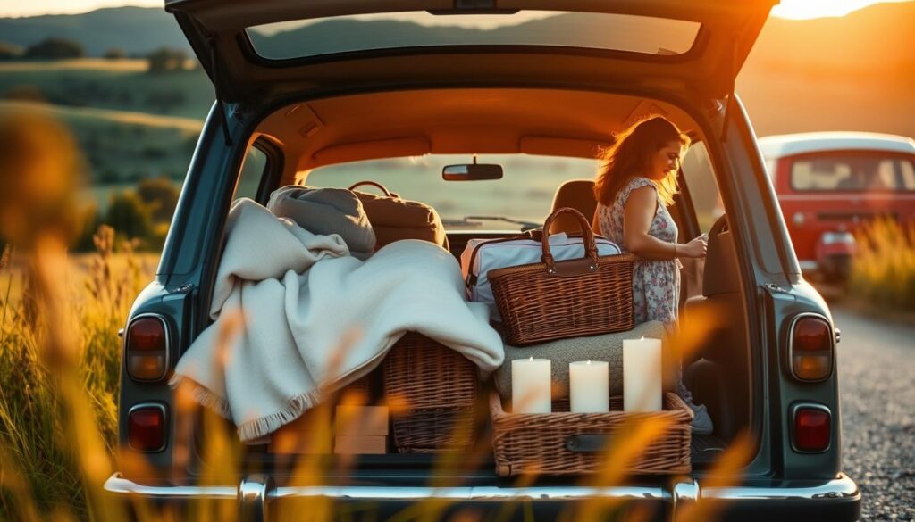 A couple packing their car with romantic road trip essentials - soft blankets, wicker picnic basket, travel-sized candle set, and a classic retro-style automobile parked in a lush, verdant countryside setting bathed in warm, golden hour lighting. The composition features the car in the foreground, the couple silhouetted as they load supplies, with a rolling, picturesque landscape in the background. Convey a mood of anticipation, adventure, and intimate connection as they prepare for their getaway.