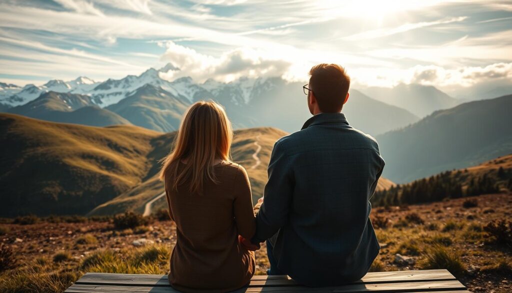 A couple sitting on a bench, gazing out at a scenic mountain landscape. The foreground shows their clasped hands, intertwined fingers reflecting their connection. The middle ground depicts a winding path leading through lush, verdant hills, hinting at the journey ahead. In the background, snow-capped peaks rise majestically, bathed in warm, golden light filtering through wispy clouds. The overall mood is one of tranquility, anticipation, and the shared exploration of new horizons. Shoot with a wide-angle lens to capture the expansive vista, and use soft, diffused lighting to create a sense of intimacy and wonder.