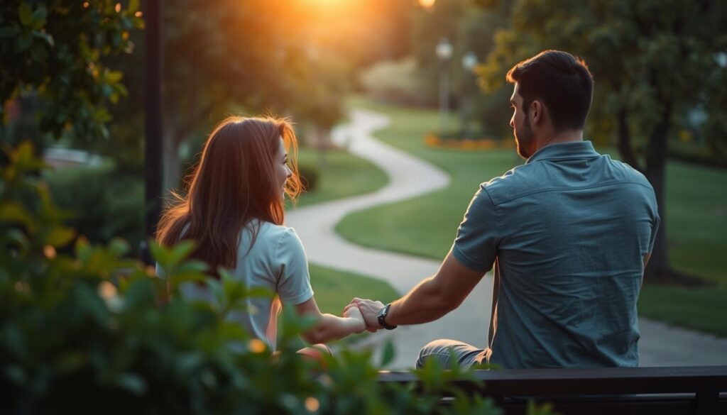 A couple sitting on a park bench, engaged in deep conversation, their faces lit by the warm glow of the setting sun. In the foreground, their hands intertwine, the tactile connection emphasizing the intimacy of their exchange. The middle ground features lush, verdant foliage, creating a sense of seclusion and privacy. In the background, a winding path leads through a tranquil garden, suggesting the journey they share. The overall atmosphere is one of thoughtful introspection, the couple's focus on each other heightened by the serene, golden-hour lighting.
