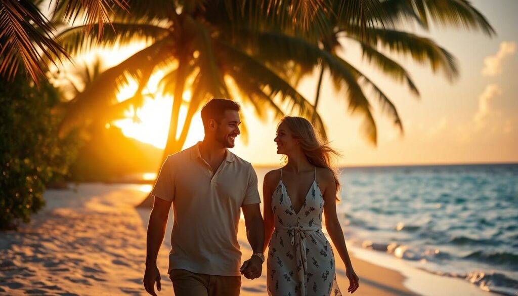 A couple strolling hand-in-hand along a sun-dappled beach, palm trees swaying in the gentle breeze. In the background, lush tropical foliage and the sparkling turquoise waters of the Caribbean sea. The couple is silhouetted against a warm, golden sunset, their faces filled with joy and contentment. The scene is captured with a shallow depth of field, creating a romantic, dreamlike atmosphere. Soft, diffused lighting highlights the couple's embrace, conveying a sense of intimacy and tranquility. This idyllic setting in Guadeloupe, the Caribbean's hidden romantic gem, invites the viewer to immerse themselves in the couple's peaceful, secluded retreat.