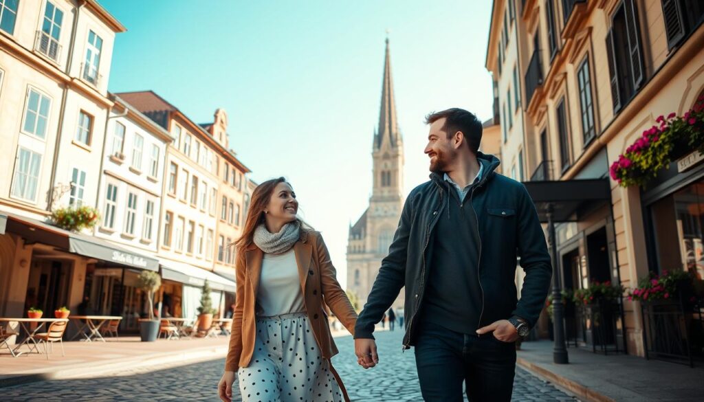 A couple strolling hand-in-hand on a sun-dappled cobblestone street, surrounded by charming European architecture. In the foreground, their faces are warm and joyful as they gaze into each other's eyes. The middle ground features a picturesque cafe with wrought-iron tables and vibrant flower boxes. In the distance, a historic cathedral spire rises against a bright, azure sky. The scene is bathed in a soft, golden light, creating an atmosphere of romantic, timeless bliss. A crisp, wide-angle lens captures the intimacy and adventure of their journey together.