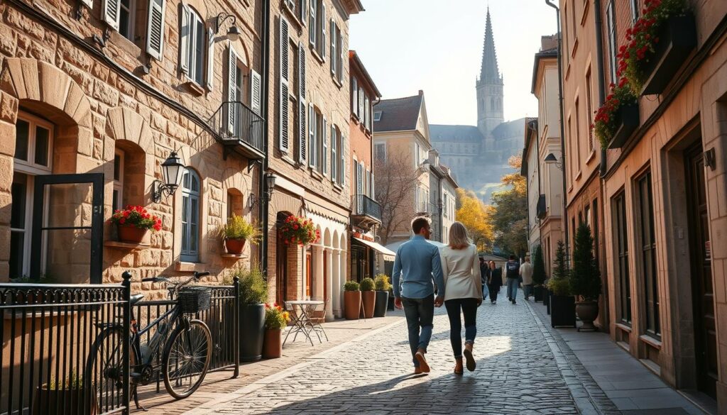 A cozy European city street, lined with charming stone buildings and quaint cafes, bathed in the warm glow of autumn sunlight. In the foreground, a couple strolls hand-in-hand, taking in the picturesque atmosphere. Cobblestones beneath their feet, a bicycle leaning against a wrought-iron fence, and potted plants adorning window sills. In the distance, a historic cathedral spire punctuates the skyline, hinting at the rich cultural heritage of this couple-friendly destination. The scene evokes a sense of romance, exploration, and the perfect balance of work and leisure for a memorable "workcation."