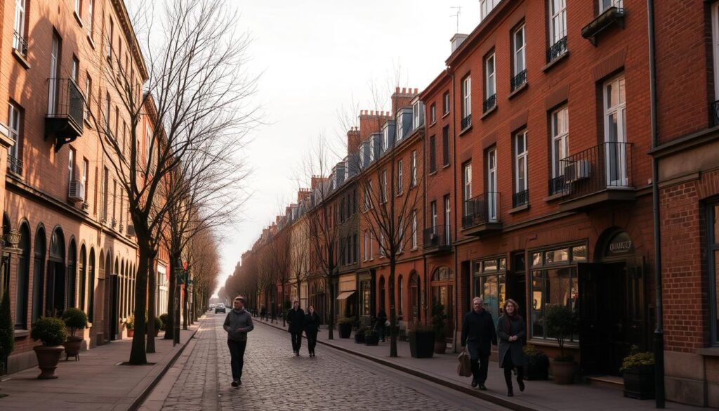A cozy European street bathed in soft, warm light of a November afternoon. Rows of charming brick buildings line the sidewalks, their facades adorned with potted plants and wrought-iron balconies. A gentle breeze rustles the leafless trees, casting gentle shadows on the empty, cobblestone pavement. A few pedestrians stroll leisurely, their scarves and coats providing just enough protection from the mild chill. The air has a crisp, earthy scent, hinting at the changing of the seasons. Overhead, a cloudless sky in muted shades of gray stretches out, creating a serene, melancholic atmosphere perfect for quiet reflection.