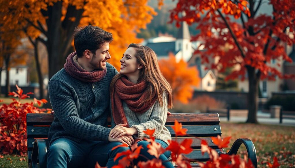 A cozy autumn scene with a young couple sitting on a park bench, surrounded by vibrant orange and red foliage. The warm, soft lighting creates a romantic atmosphere, with the pair gazing lovingly at each other. In the background, a quaint town with historical architecture and a small church steeple can be seen, hinting at the charming November destination. The couple's outfits, such as knitted sweaters and scarves, add to the cozy, autumnal feel. The overall composition conveys the perfect November getaway for a couples retreat.