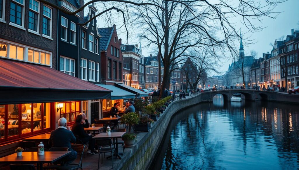 A cozy canal-side cafe in Amsterdam, with warm lighting and a charming, intimate atmosphere. The scene features a row of cafe tables and chairs lining the edge of the canal, with people enjoying hot drinks and snacks while gazing out at the gently lapping water. The buildings along the canal are quaint and historic, with a classic Dutch architectural style, their facades reflected in the still surface of the water. A few trees line the walkway, their bare branches creating a delicate, lace-like silhouette against the sky. The overall mood is one of tranquility and comfort, perfect for couples seeking a cozy respite after a leisurely stroll through the city.