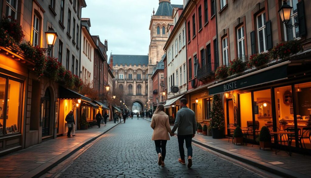 A cozy cobblestone street in a picturesque European city, lit by warm lamplight and framed by charming buildings in autumn hues. In the foreground, a couple strolls hand-in-hand, their breath visible in the crisp air, as they admire the serene, off-season atmosphere. The middle ground features a quaint cafe with outdoor seating, its inviting glow beckoning passers-by. In the background, a medieval cathedral or castle towers majestically, its weathered stone walls evoking a sense of timeless romance. The overall scene conveys a mood of intimate, tranquil escapism, perfect for a couple seeking a quiet, intimate getaway.