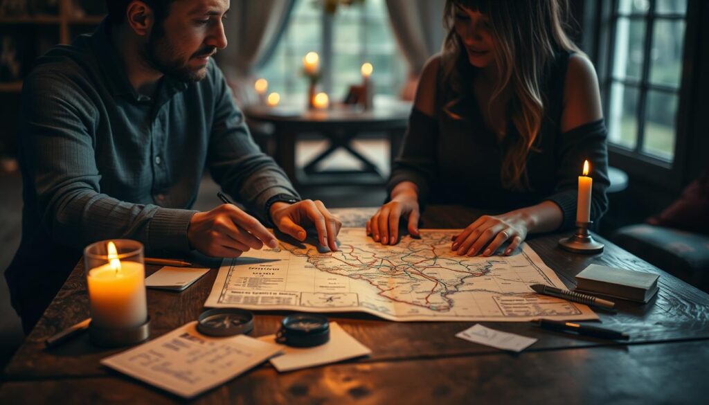 A cozy, dimly lit room with a large wooden table in the middle. On the table, a vintage map, a compass, and scattered notes and sketches, hinting at a romantic road trip in the making. Soft candlelight illuminates the scene, casting a warm glow. A pair of hands, one male and one female, are pouring over the map, fingers tracing potential routes, their faces close together, lost in the planning. The background is blurred, but suggests a tranquil, rustic setting, perhaps a cabin or a country home. The overall atmosphere is intimate, thoughtful, and filled with the anticipation of a shared adventure.