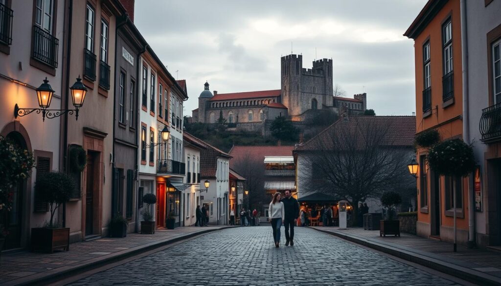 A cozy, intimate scene in a picturesque Portuguese town during a November evening. In the foreground, a charming cobblestone street lined with quaint buildings, their warm lights casting a soft glow. In the middle ground, a couple strolling hand-in-hand, taking in the serene atmosphere. The background features a historic church or castle, silhouetted against a moody, overcast sky. The overall mood is one of romance, tranquility, and the allure of Portugal in the autumn. A cozy, intimate scene in a picturesque Portuguese town during a November evening. In the foreground, a charming cobblestone street lined with quaint buildings, their warm lights casting a soft glow. In the middle ground, a couple strolling hand-in-hand, taking in the serene atmosphere. The background features a historic church or castle, silhouetted against a moody, overcast sky. The overall mood is one of romance, tranquility, and the allure of Portugal in the autumn.