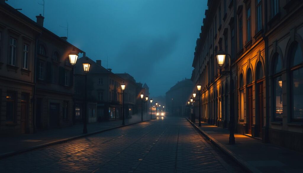 A dimly lit European city street in the evening, with rows of quaint buildings lining the cobblestone path. Muted streetlamps cast a soft, warm glow, illuminating the empty sidewalks and creating long, romantic shadows. The air is crisp and still, with a light mist drifting through the air, adding an ethereal quality to the scene. The buildings have a classic, historic aesthetic, with ornate architecture and weathered facades. The absence of people creates a sense of tranquility and solitude, allowing the viewer to imagine strolling hand-in-hand with a loved one, taking in the serene ambiance.