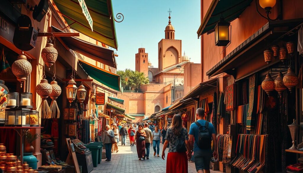 A lively Moroccan marketplace in Marrakech, bustling with vibrant colors and captivating aromas. In the foreground, a pair of travelers stroll hand-in-hand, immersed in the labyrinth of narrow alleyways lined with artisanal shops. Sunlight filters through the canopy of awnings, casting warm, golden hues across the scene. In the middle ground, vendors hawk their wares, from ornate lanterns to richly-patterned textiles. The background reveals the iconic architecture of Marrakech, with towering minarets and domed rooftops punctuating the skyline. An atmosphere of enchantment and discovery permeates the air, inviting the viewer to explore the secrets of this captivating city for two.