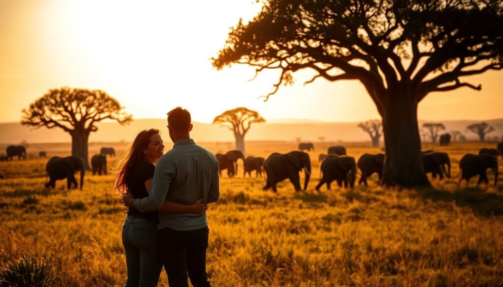 A lush, sun-dappled savanna in Tanzania, where a couple embraces, silhouetted against a golden horizon. In the middle ground, a herd of elephants majestically strolls, their trunks swaying. In the background, ancient baobab trees dot the landscape, their twisted forms creating a sense of timelessness. The scene is bathed in a warm, romantic lighting, captured through a medium-telephoto lens with a shallow depth of field, drawing the viewer's attention to the loving couple at the heart of this quintessential African safari experience.