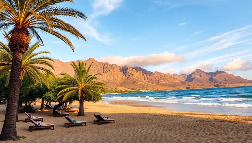 A picturesque Canary Islands beach destination, with golden sands and gentle waves caressing the shoreline. A lush, tropical palm grove frames the scene in the middleground, casting soft shadows over the beachgoers relaxing on plush lounge chairs. In the background, rugged volcanic cliffs rise up, bathed in the warm, golden glow of the midday sun. A clear, azure sky stretches out above, with wisps of fluffy white clouds drifting lazily overhead. The atmosphere is one of tranquility and pure relaxation, inviting visitors to bask in the year-round sunshine and unwind from the stresses of daily life.