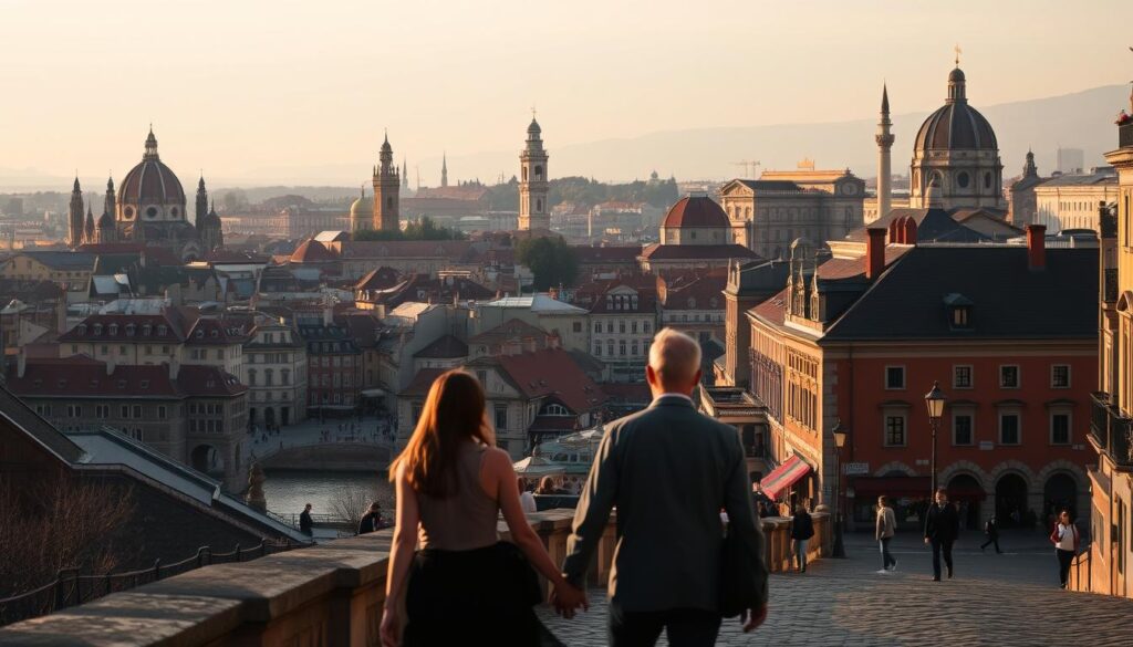 A picturesque European city skyline at golden hour, with historic architecture and landmarks like cathedrals, bridges, and cobblestone streets visible in the foreground and middle ground. Couples stroll hand-in-hand, admiring the vibrant cultural sights and soaking in the romantic atmosphere. The lighting is warm and soft, creating a cozy, intimate mood. The scene is captured from a slightly elevated angle, showcasing the city's charming blend of old and new. The background is hazy and dreamlike, evoking a sense of tranquility and escapism.