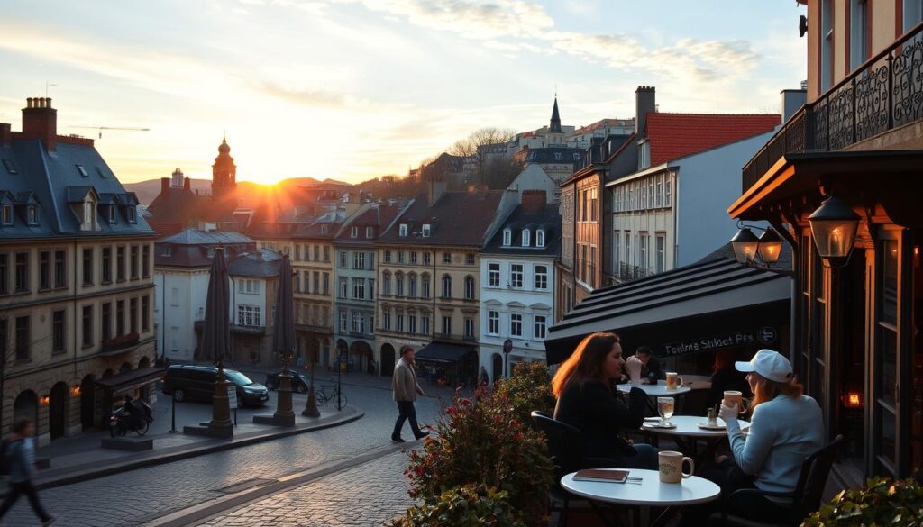 A picturesque European city skyline, bathed in the warm glow of a November sunset. In the foreground, a cozy cafe terrace overlooking a cobblestone street, couples sipping hot beverages and enjoying the crisp autumn air. The middle ground features historic buildings with charming architecture, their ornate facades casting long shadows. In the background, a mix of modern and traditional structures, creating a harmonious blend of old and new. The lighting is soft and atmospheric, complementing the contemplative mood. This serene scene captures the essence of a perfect "workcation" getaway for couples seeking to combine work and leisure in a quintessential European setting.