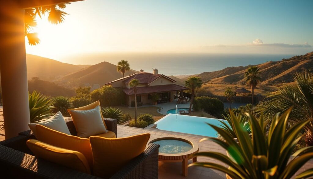 A picturesque couples' retreat nestled in the lush landscapes of the Canary Islands. In the foreground, a cozy outdoor living space with plush seating, soft lighting, and a tranquil water feature. Middle ground features a charming villa with traditional Canarian architecture, surrounded by vibrant tropical foliage. In the background, rolling hills dotted with palm trees and a glimpse of the azure Atlantic ocean. The scene is bathed in warm, golden sunset light, creating a romantic, dreamy atmosphere. The composition evokes a sense of tranquility, escape, and quality time together for the couple.