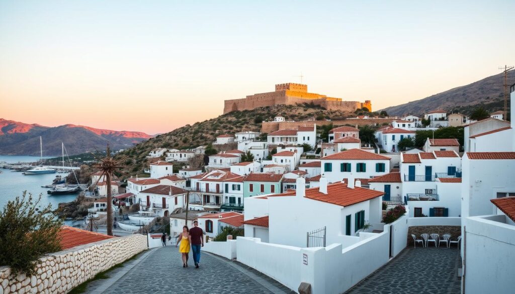 A picturesque seaside village nestled between rolling hills, with whitewashed buildings and terracotta roofs cascading down to a tranquil harbor. A couple strolls hand-in-hand along the quaint cobblestone streets, taking in the serene atmosphere and breathtaking views of the azure Aegean Sea. In the distance, a medieval fortress stands guard, its ancient walls bathed in the warm glow of the setting sun. The scene is infused with a sense of timeless romance, inviting visitors to immerse themselves in the enchanting charm of mainland Greece.