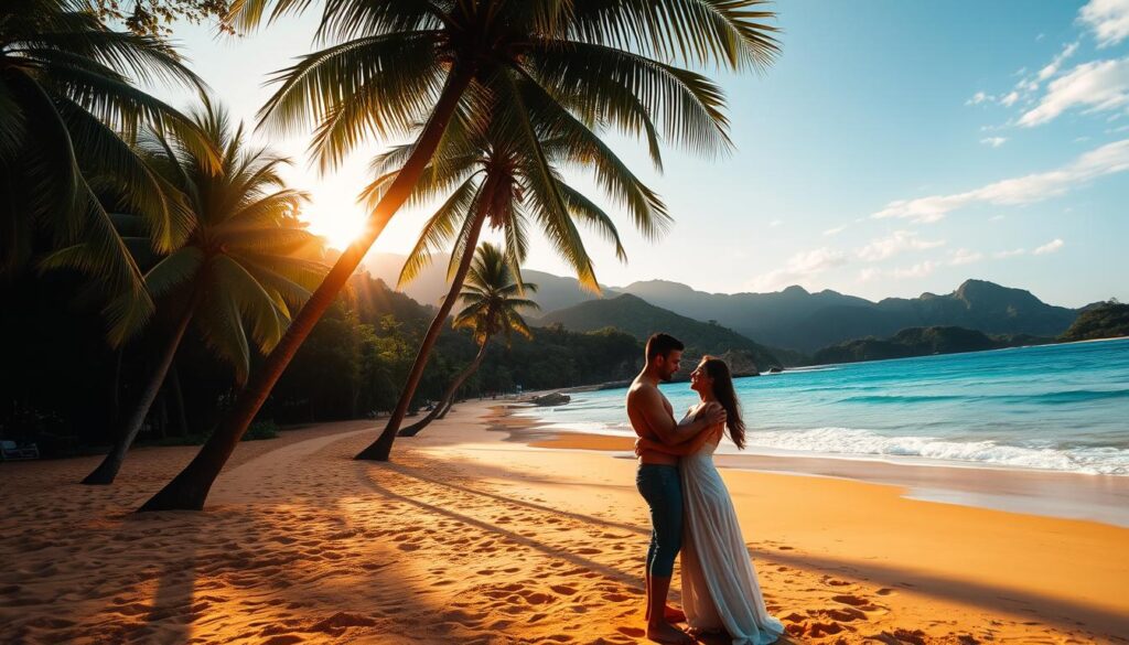 A picturesque tropical beach in the Philippines, with golden sand, swaying palm trees, and crystal-clear turquoise waters. In the foreground, a couple embraces, lost in each other's embrace, their silhouettes framed by the setting sun casting a warm, romantic glow. The middle ground features a winding path leading to a secluded cove, where the gentle waves caress the shoreline. The background is dominated by lush, verdant hills and mountains, creating a stunning natural backdrop for this serene and intimate scene. The overall mood is one of tranquility, beauty, and deep, abiding love.