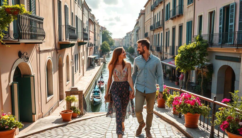 A romantic European baecation scene: a couple strolling hand-in-hand on a sun-dappled cobblestone street, flanked by charming pastel-colored buildings with wrought-iron balconies. In the background, a picturesque canal lined with colorful gondolas and quaint bridges. Soft, warm lighting filters through wispy clouds, casting a dreamy glow. The pair's expressions are filled with joy and intimacy as they gaze into each other's eyes, lost in the moment. Lush, vibrant greenery and potted flowers adorn the scene, adding to the tranquil, idyllic atmosphere. An ideal, swoon-worthy depiction of the "baecation boom" travel trend sweeping Europe.