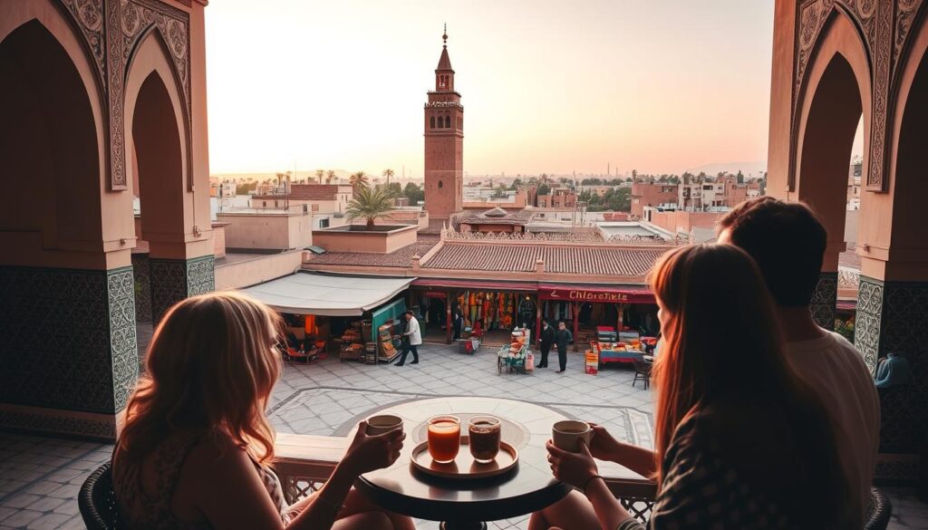 A romantic Moroccan vacation in Marrakech: A charming Riad courtyard, with intricate tilework and ornate archways, is illuminated by warm afternoon sunlight. In the foreground, a couple sips mint tea while admiring the view of the bustling souks beyond the tranquil interior. The middle ground features vibrant stalls selling colorful textiles, spices, and handcrafted goods. In the distance, the iconic silhouette of the Koutoubia Mosque's minaret towers over the rooftops, set against a hazy pink and orange sunset sky. The scene evokes the alluring blend of modern and ancient that defines the city's captivating atmosphere.