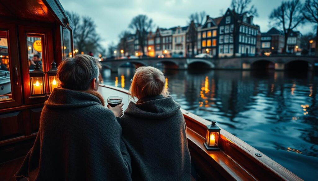 A romantic canal cruise on a vintage wooden boat, the couple seated snugly under a cozy wool blanket, sipping mulled wine as they admire the picturesque Amsterdam cityscape. The soft, warm lighting from lanterns casts a gentle glow, reflecting off the calm, mirror-like waters. In the background, the iconic gabled houses and bridges of the city line the canal, creating a charming and intimate atmosphere perfect for a memorable date night.